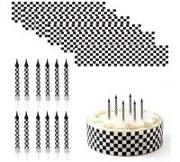 18pcs Décorations Gâteau Anniversaire Voiture Course, 6pcs Prédécoupées Comestibles Papier Riz Noir Blanc Gâteau Bordure Enveloppe Bandes & 12pcs Bougie Voiture Course pour Anniversaire Fête