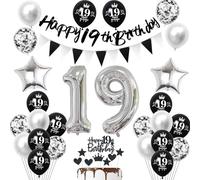 19 ans Anniversaire Décoration garcon fille, Noir Bannière 19 ans Anniversaire Guirlande Déco 19 ans Anniversaire fille Ballons argentés 19 ans Anniversaire Décoration gâteau 19 ans garcon fille