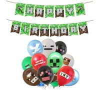 19 pièces de décorations d'anniversaire Minecraft, fournitures de fête sur le thème du jeu, y compris (1 pièce) bannière Joyeux