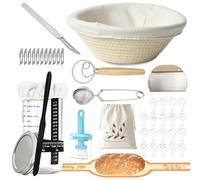 19pcs Banneton pour Pain Set Corbeille a Pain Rond 25cm | Kit Boulangerie Levain avec Mélangeur à Pâte Lame à Pain Tamis à Sucre Kit Pain au Levain pour les Débutants