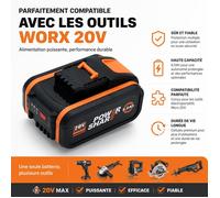 1PCS 20V 8 0Ah Compatible avec les outils Worx PowerShare Haute Performance Longue Autonomie et Protection Intelligente