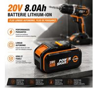 1PCS Batterie Li-ion 20V 8.0Ah Compatible WORX PowerShare, Haute Capacité, Rechargeable, Longue Autonomie