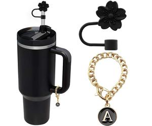 1Set Bouchons de paille en silicone à la mode avec breloques lettres, couvre-pailles fleurs mignons pour tasses de 40&30 oz, bouchon de paille anti-poussière de 0,4 pouce, embouts de paille réutilisab