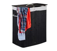 1x Corbeille à linge bambou avec couvercle, Panier rectangulaire, 2 compartiments, volume de 95 litres, pliable, noir