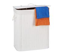 1x Corbeille à linge bambou avec couvercle, Panier rectangulaire, 2 compartiments, volume de 95 litres, pliable, blanc