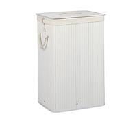 1x Panier à linge bambou, corbeille linge pliante, 83L, sac intérieur coton, 65,5 x 43,5 x 33,5 cm, blanc