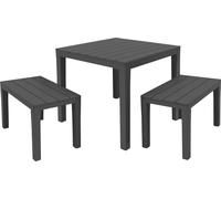 2.03 Ensemble de meubles de jardin PAPUA - Table 78x78 cm avec 2 bancs - Meubles de jardin anthracite