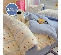 2/3 pièces Ensemble de housse de couette et taie d'oreiller lavé, motif floral rayé petit cœur tulipe bleu, jacquard artisanal teinté frais et mignon, texture froissée, super doux, décoration de dorto