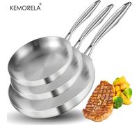 2/3 pièces poêle 22/24/26/28CM 304 acier inoxydable 2MM d'épaisseur Wok poêle 5 plis en acier de qualité alimentaire poêles antiadhésives pour marmite 3PCS-C