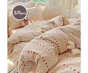 2/3pcs Petit Cœur Carré Rayé Marron Teinture Maillard Frais Mignon Jacquard Artisanat Super Doux Décoration de Dortoir, Ensemble Housse de Couette et Taie d'Oreiller Lavé Doux et Mignon, Taille Printe