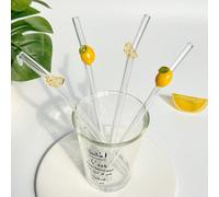 2/4 pièces Pailles en verre réutilisables avec décorations de citron jaune/tranches de citron, ensemble de couverts de paille en verre transparent courbé, pour accessoires de cuisine, bouchon de paill