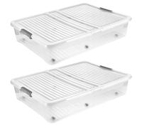 2 bacs de rangement Leo Keeper avec couvercle, capacité de 53 litres, transparents, équipés de roulettes. Le couvercle est doté d'une fermeture à clip