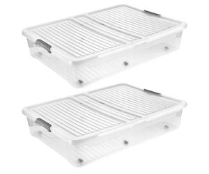 2 bacs de rangement Leo Keeper avec couvercle, capacité de 53 litres, transparents, équipés de roulettes. Le couvercle est doté d'une fermeture à clip