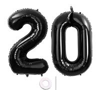 2 ballons nombre 20. Noir - Anniversaire XXL 100 cm - Ballon gonflable géant en forme de nombre 20 - En aluminium - Ballons à l'hélium pour décoration d'anniversaire, fête, décoration