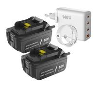 2 batteries avec connecteur USB-C PD, fonction de charge, compatibles avec les modèles Makita 18V 6Ah BL1840, BL1850, BL1860, BL1815, LXT400, avec adaptateur de charge rapide USB-C/USB-A, compatible a