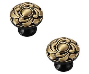 2 boutons vintage en laiton pour armoires, motif floral, boutons de meubles anciens, métal, noir et or, boutons de tiroirs, poignées de porte, boutons pour armoires de cuisine, tiroirs, armoires (34 m