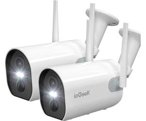 2 caméras de surveillance 2K 3MP pour l'extérieur, batterie externe, caméra WiFi sans fil pour l'extérieur, vision nocturne couleur jusqu'à 15 m, sirène/alarme à lumière blanche, détecteur de mouvemen