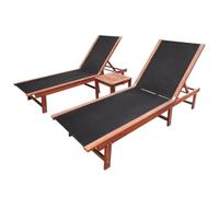 2 chaises longues avec table en bois d'acacia massif et textilène réglables | Bois d'acacia huilé, housse en textilène, imperméable, dossier réglable, capacité de charge de 110 kg