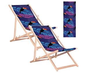 2 chaises longues classiques en hêtre GreenBlue GB183 avec motif toucan