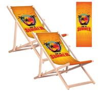 2 chaises longues en hêtre pour la plage et le jardin, avec l'inscription « Enjoy »