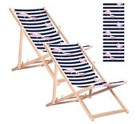 2 chaises longues en hêtre pour la plage et le jardin, avec un motif de flamants roses