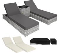 2 chaises longues en rotin avec structure en aluminium et table, housse de protection incluse - gris clair