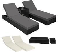 2 chaises longues en rotin avec structure en aluminium et table, housse de protection incluse - noir
