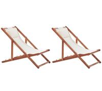 BELIANI Lot de 2 chaises longues de jardin marron foncé en bois d'acacia pliage crème blanc housses 2 housses de rechange avec motif tendance terrasse de jardin