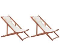 BELIANI Lot de 2 chaises longues de jardin marron foncé en bois d'acacia pliage crème blanc housses 2 housses de rechange avec motif tendance terrasse de jardin