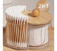 2-en-1 Boîte de rangement transparente pour cotons-tiges et tampons de maquillage, organisateur de salle de bain à double couche, couvercle en bois naturel, gain de place, solution de rangement pratiq
