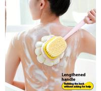 2 en 1 Brosse de douche à poignée longue et design incurvé avec velours et éponge, pour l'exfoliation et le massage du dos, convient aux hommes et aux femmes, tons beige clair, rose et jaune, sans pil