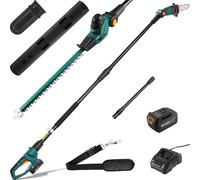2-en-1 Élagueur sur Perche et Taille Haie Télescopique sans Fil, Batterie Li-ION 20 V 4 Ah/Chargeur, Poignée Principale Orientable, Tête Inclinable, Portée 4 m, Bandoulière Incluse