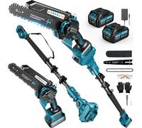 2-en-1 Mini tronçonneuse 8 pouces avec perche télescopique, 1200W Tronçonneuse télescopique sans balais avec 2 batteries, réservoir d'huile de 50ml, portée de travail 4M