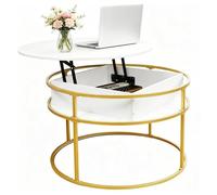 2 en 1 Table Basse Ronde Relevable 60x60 cm avec Compartiment de Rangement Caché VIVOLILV,Table basse Marbre Blanc et Métal Doré