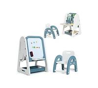 2 en 1 tableau magnétique enfant bleu hauteur réglable double face avec tabouret, bureau pliable, étagère de livres accessoires en HDPE