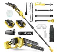 2-en-1 Tronçonneuse à Batterie & Scie à Élaguer, Moteur Sans Balais Compatible Makita 18V, 8 Pouces Mini Tronçonneuse, 2×4.0Ah, Perche 4.2m, Tête 180°, Élagage Branches & Coupe Bois (yel oro)