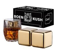 2 Grandes Pierres à Whisky 64 cm³, glaçons réutilisables en Acier Inoxydable 304, 4 x 4 cm, pour Whisky, vin et Cocktails, Or, Coffret Cadeau