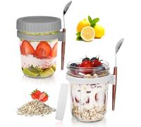 2 Haferbehälter Overnight Oats Gläser Hafergläser, Müslibecher to go kinder | für Übernachtung Glas mit Deckel und Löffel Joghurtbecher Einmachgläser Joghurt to Go Becher Salatbecher, 350ml