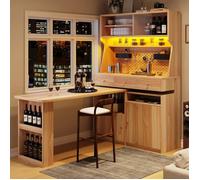 2 in 1 Buffet Haut Cuisine avec Table de Bar-Meuble de Cuisine-Vaisselier Salle a Manger avec Panneau Perforé DIY-LED-Naturel