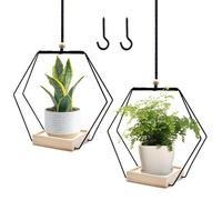 2 jardinières suspendues d'intérieur, anneau métallique avec socle en bois, pot de fleurs suspendu, jardinière suspendue, pot suspendu avec crochets de suspension inclus
