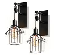 2 packs Appliques Murales Industrielles Vintages Poulies Design Suspension Métal en forme Cage Noir Rétro E27 Lampe de Mur Loft Corde Ajustable