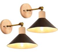 2 packs Appliques Murales Interieur Modernes Lampe Murale Industrielles en Métal et Bois Spots muraux Design Ajustable Luminaire E27 ø22cm pour Chambre Séjour Cuisine (Noir - avec bois)