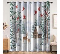 2 Panneaux L85 x H200 cm Rideaux Occultants Pins Cabane En Bois Cerfs | Rideaux de fenêtre Scandinave Nature pour Salon Cuisine Décoration, Blanc Vert Thermique Isolant Anti Froid Polyester Rideau
