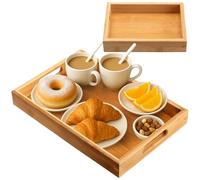 2 Pcs Plateau de Service Rectangulaire, Plateau Bois Rectangulaire avec Poignées, Plateaux de Service Décoratifs, Plateaux de Petit-déjeuner pour Table Basse Dîner Fêtes Thé Cuisine(Petit et Grand)
