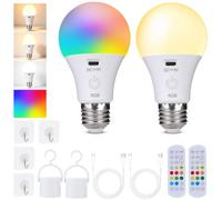 2 Pièce Ampoule Rechargeable E27 sans Electricite Led sans Fil Extérieure USB 2500mAh avec Télécommande 3 Températures Couleur 8 RGB Intensité Variable Minuterie Amovible Croche + 4 Crochets Adhésifs