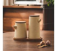 2 pièces/1 pièce 250 ml (8,8 oz)/350 ml (12,32 oz) Bouteille d'huile en céramique avec couvercle scellé en bois de noyer, distributeur de condiments de cuisine rond pour sauce soja, vinaigre, huile d'