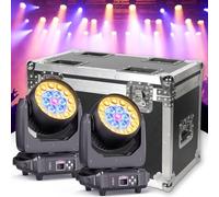 2 pièces avec Flight case 19 X 15W Lyre LED lumière de scène, Zoom Effet Wash 4 en 1 LED Lampe de scène, dmx512 Lumiere Disco de Scène Tête Mobile pour Fête Concert Bar Festival Mariage