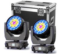 2 Pièces avec Flightcase 19x15W RGBW Lyre LED, Wash Zoom 540°X/270°Y Rotation d-mx512 Commande Vocale Auto-Calibration Tête Mobile Lumineuse pour Scène Club Théâtre Fête DJ Mariage