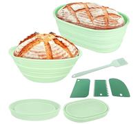 2 Pièces Banneton à Pain Pliables, Ronds 22cm et Ovales 26cmPanier à Pain Silicone pour Prouver Pain & Pâte, Corbeille Fermentation Pain Pliable Cuisine Maison avec 3 Spatules et 1 Pinceau à Huile