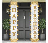 2 pièces Bannière "Happy Birthday" à carreaux blancs et dorés, en polyester, décoration de salle de fête d'anniversaire, toile de fond de fête d'anniversaire, rideau de véranda à motif carreaux blanc